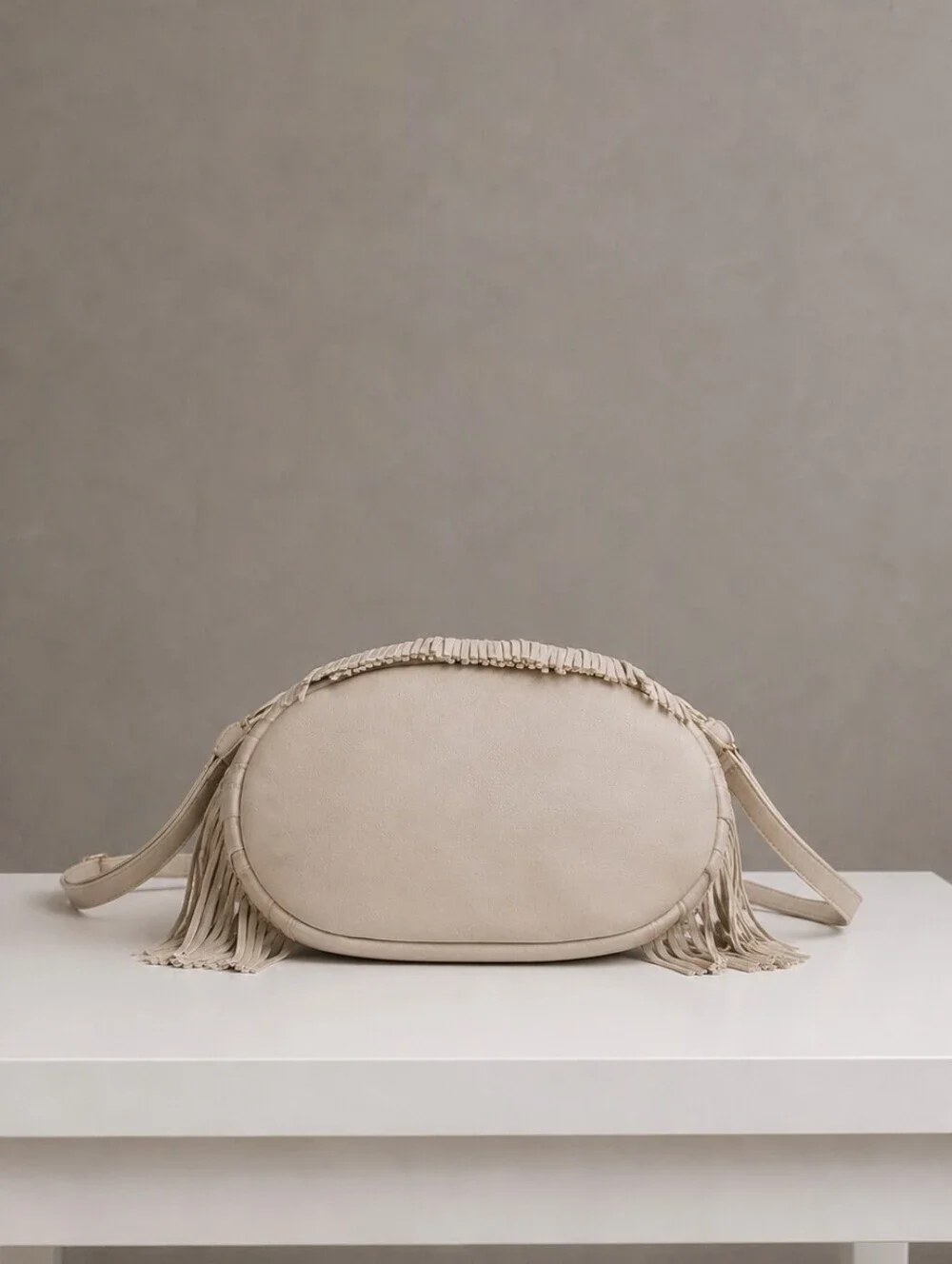 Boho Fringe Bucket Bag Cream Faux Leather Drawstring Crossbody Tassel Shoulder